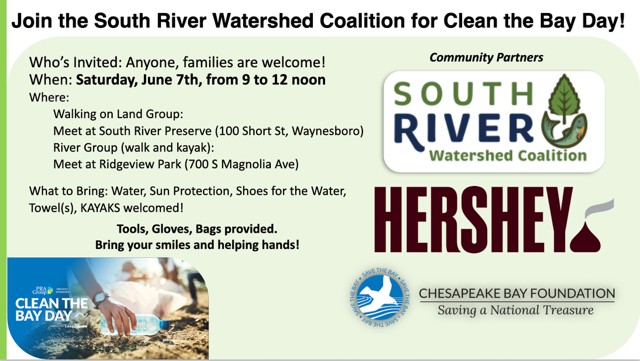 Join us on Saturday, June 7th, in Waynesboro for Clean the Bay Day! 9 am to noon! Afterwards, keep the watershed fun going by visiting Hikerfest in Waynesboro or the Karst Expo at Grand Caverns!